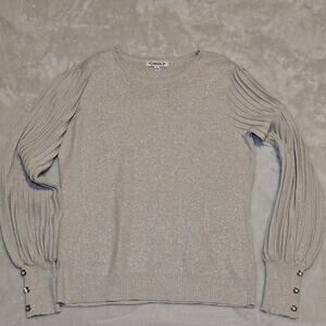 Nanette Lepore Women’s Large Shimmer Knit Sweater Metallic Pleated Sleeve Jewels